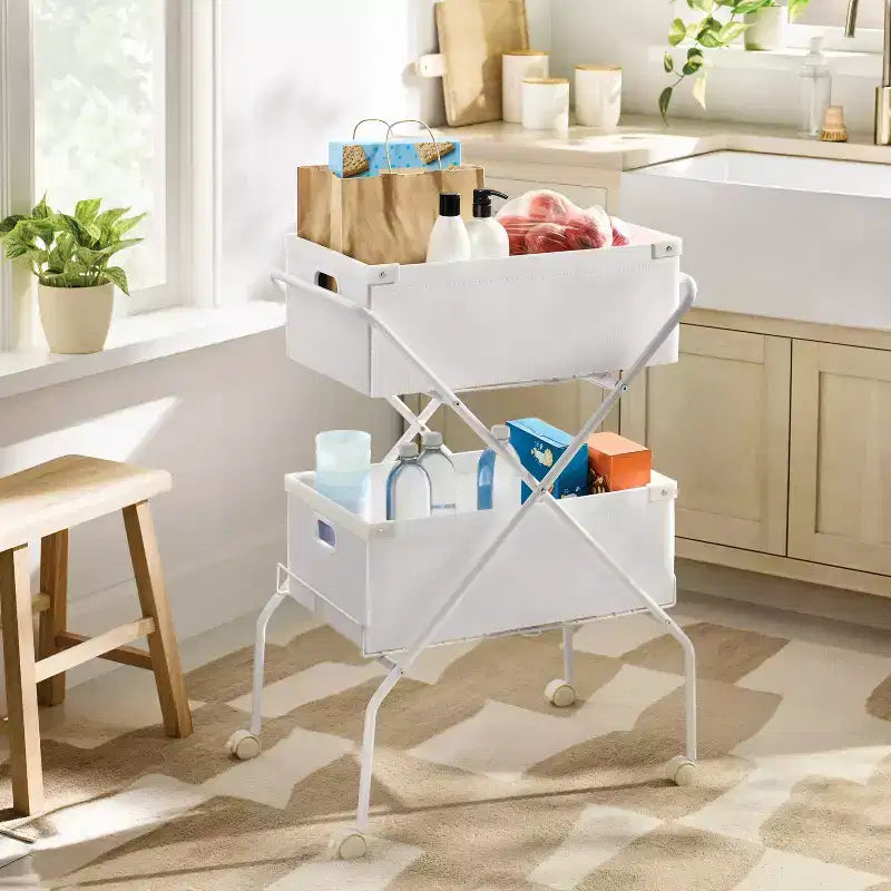 Carrello Pieghevole a 2 Ripiani con Ruote e Contenitori Bianco – Montaggio da 1 Persona