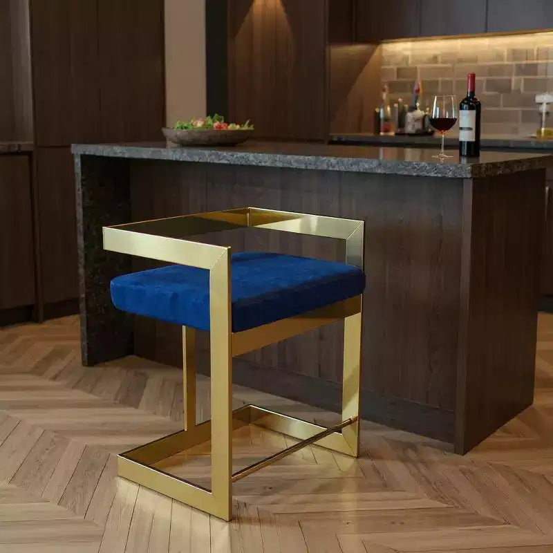Sgabello da bancone basso in velluto blu e oro, senza braccioli, 1 posto