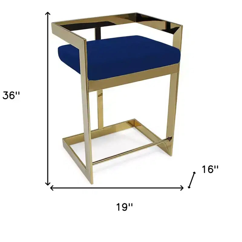 Sgabello da bancone basso in velluto blu e oro, senza braccioli, 1 posto