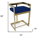 Sgabello da bancone basso in velluto blu e oro, senza braccioli, 1 posto