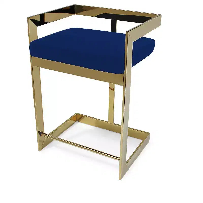 Sgabello da bancone basso in velluto blu e oro, senza braccioli, 1 posto