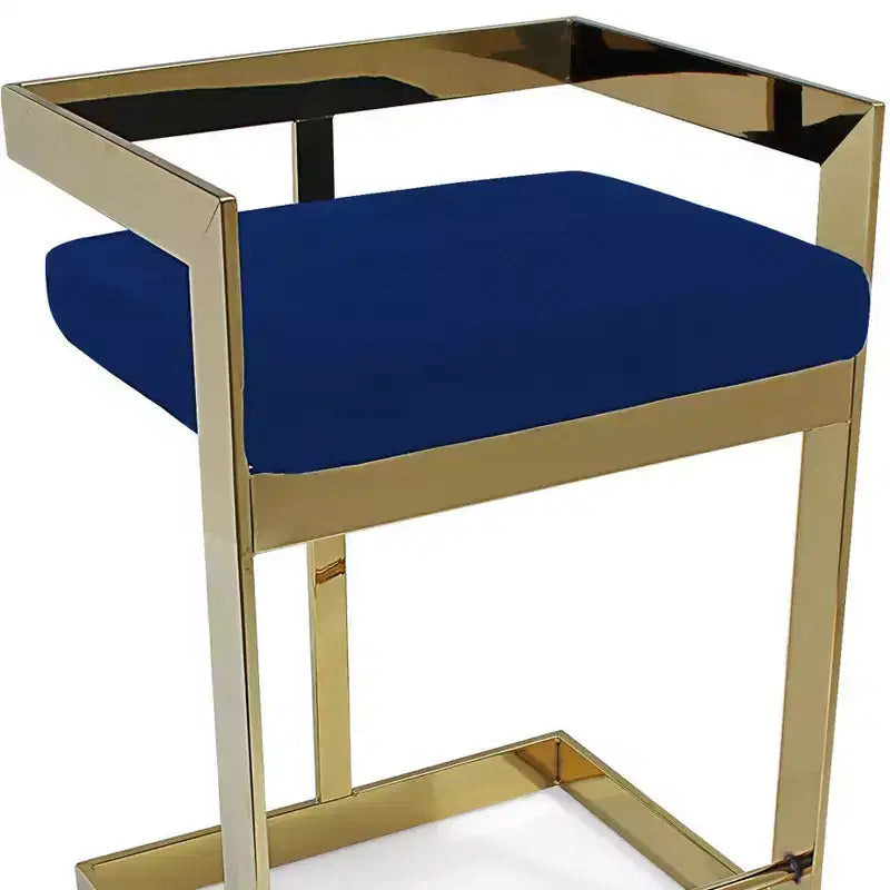 Sgabello da bancone basso in velluto blu e oro, senza braccioli, 1 posto