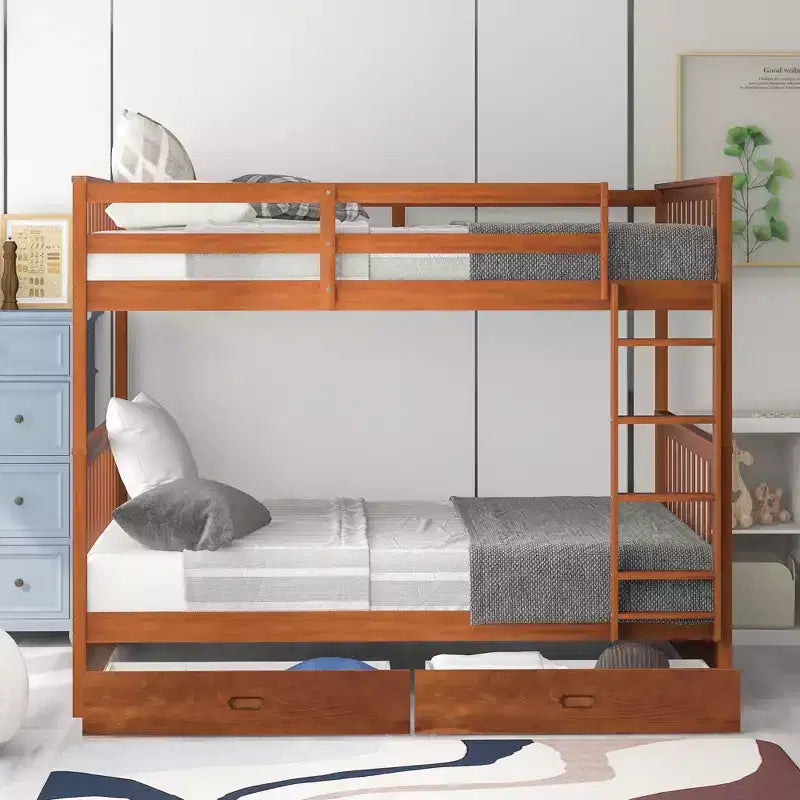 Letto a castello matrimoniale con scaletta e cassetti – Espresso / Grigio / Noce / Bianco – Per 2 persone