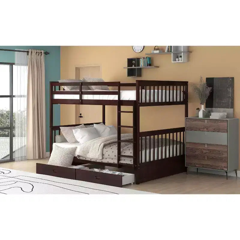 Letto a castello matrimoniale con scaletta e cassetti – Espresso / Grigio / Noce / Bianco – Per 2 persone