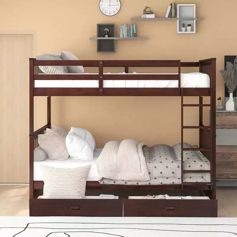 Letto a castello matrimoniale con scaletta e cassetti – Espresso / Grigio / Noce / Bianco – Per 2 persone