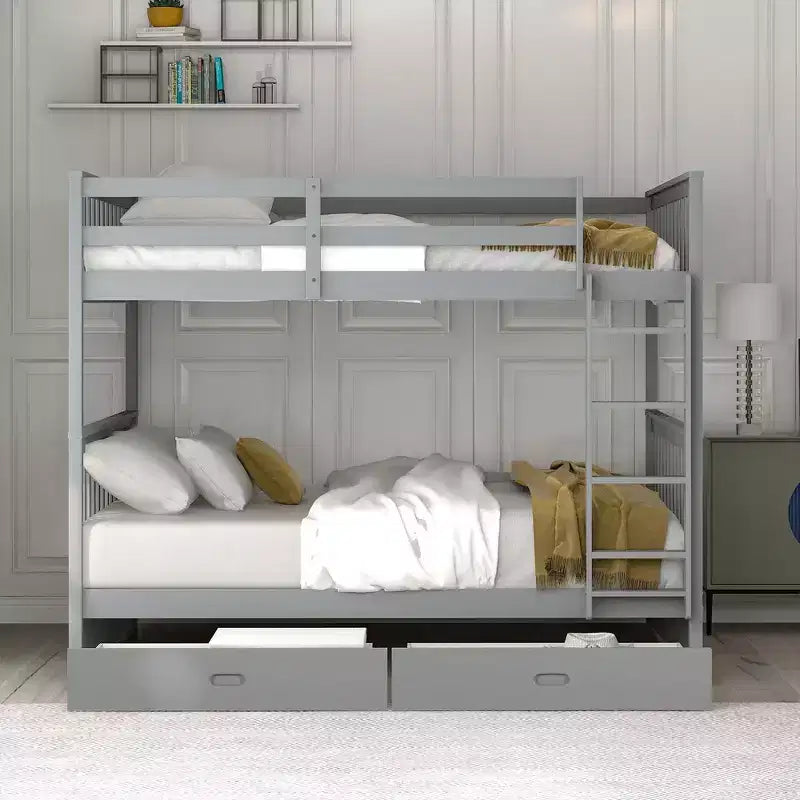 Letto a castello matrimoniale con scaletta e cassetti – Espresso / Grigio / Noce / Bianco – Per 2 persone