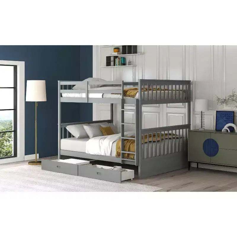 Letto a castello matrimoniale con scaletta e cassetti – Espresso / Grigio / Noce / Bianco – Per 2 persone