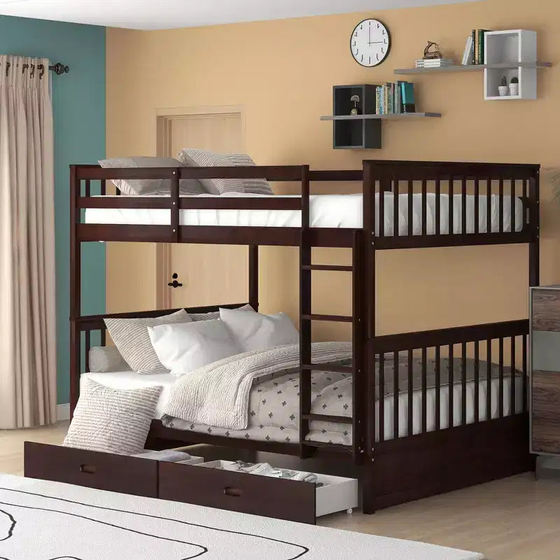 Letto a castello matrimoniale con scaletta e cassetti – Espresso / Grigio / Noce / Bianco – Per 2 persone