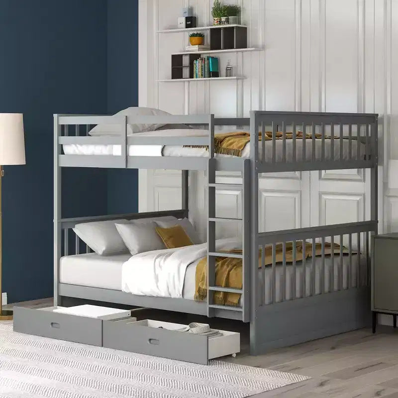 Letto a castello matrimoniale con scaletta e cassetti – Espresso / Grigio / Noce / Bianco – Per 2 persone