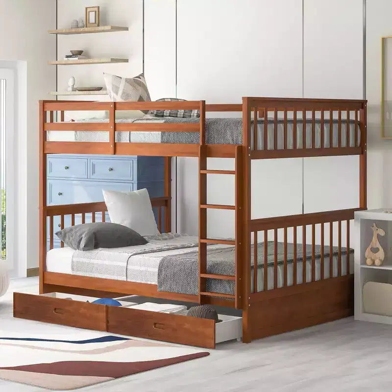 Letto a castello matrimoniale con scaletta e cassetti – Espresso / Grigio / Noce / Bianco – Per 2 persone