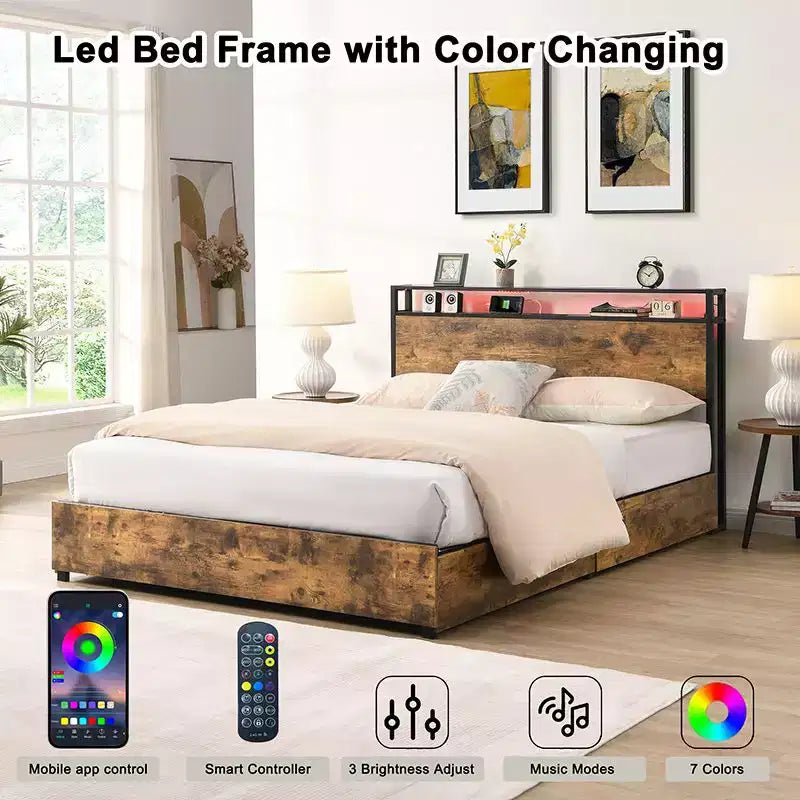 Telaio Letto con Piattaforma Grigio Antico / Nero+Marrone / Marrone Antico – Matrimoniale/Queen/King, 1–2 Persone, Testiera con Contenitore, Luce LED e Caricatore