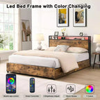 Telaio Letto con Piattaforma Grigio Antico / Nero+Marrone / Marrone Antico – Matrimoniale/Queen/King, 1–2 Persone, Testiera con Contenitore, Luce LED e Caricatore