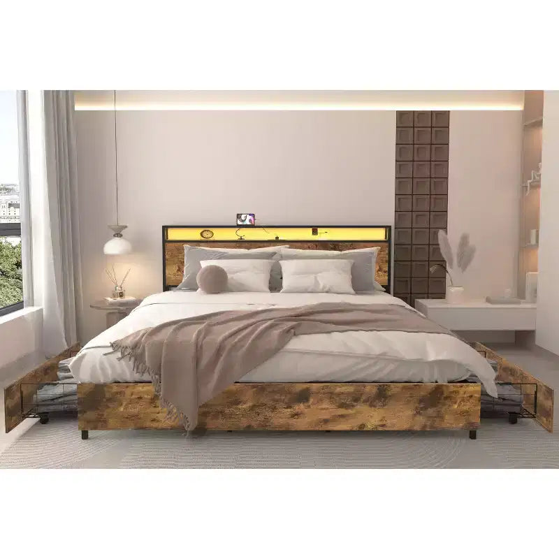 Telaio Letto con Piattaforma Grigio Antico / Nero+Marrone / Marrone Antico – Matrimoniale/Queen/King, 1–2 Persone, Testiera con Contenitore, Luce LED e Caricatore
