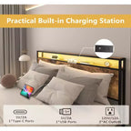 Telaio Letto con Piattaforma Grigio Antico / Nero+Marrone / Marrone Antico – Matrimoniale/Queen/King, 1–2 Persone, Testiera con Contenitore, Luce LED e Caricatore