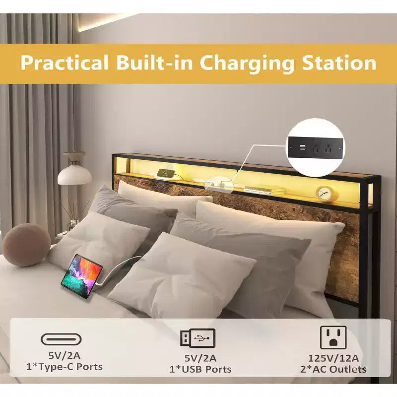 Telaio Letto con Piattaforma Grigio Antico / Nero+Marrone / Marrone Antico – Matrimoniale/Queen/King, 1–2 Persone, Testiera con Contenitore, Luce LED e Caricatore