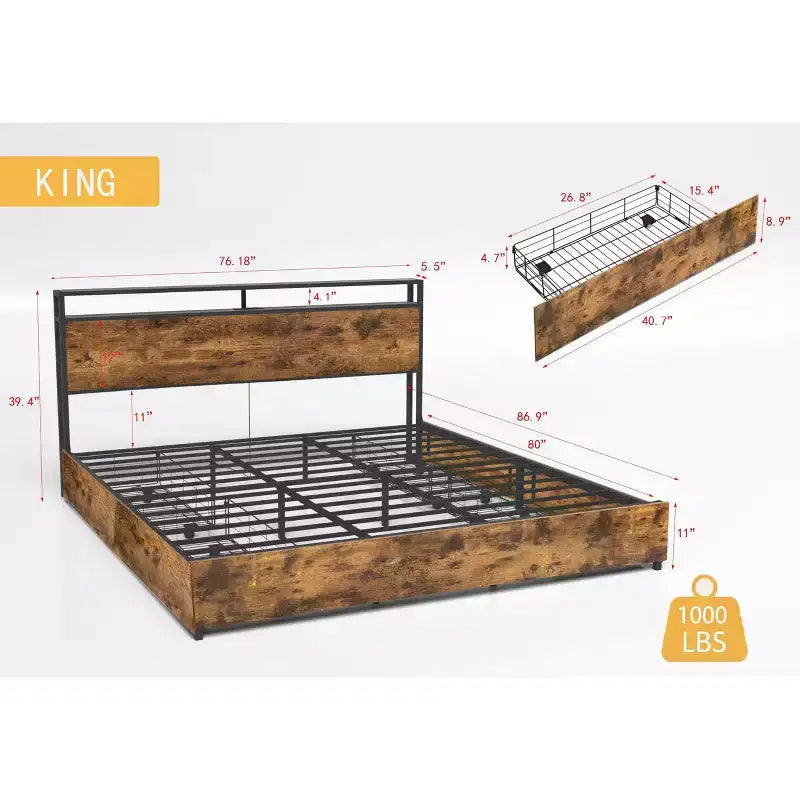 Telaio Letto con Piattaforma Grigio Antico / Nero+Marrone / Marrone Antico – Matrimoniale/Queen/King, 1–2 Persone, Testiera con Contenitore, Luce LED e Caricatore