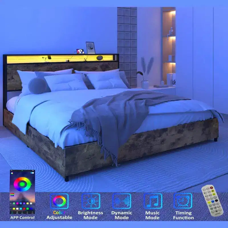 Telaio Letto con Piattaforma Grigio Antico / Nero+Marrone / Marrone Antico – Matrimoniale/Queen/King, 1–2 Persone, Testiera con Contenitore, Luce LED e Caricatore