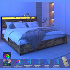 Telaio Letto con Piattaforma Grigio Antico / Nero+Marrone / Marrone Antico – Matrimoniale/Queen/King, 1–2 Persone, Testiera con Contenitore, Luce LED e Caricatore
