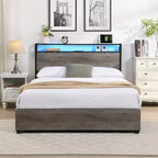 Telaio Letto con Piattaforma Grigio Antico / Nero+Marrone / Marrone Antico – Matrimoniale/Queen/King, 1–2 Persone, Testiera con Contenitore, Luce LED e Caricatore