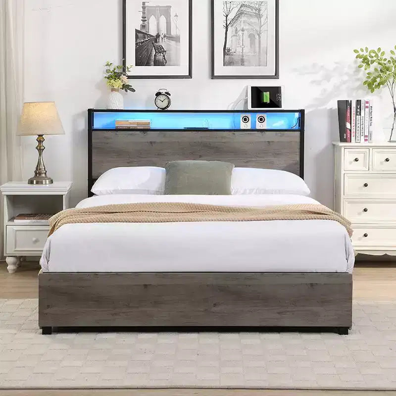 Telaio Letto con Piattaforma Grigio Antico / Nero+Marrone / Marrone Antico – Matrimoniale/Queen/King, 1–2 Persone, Testiera con Contenitore, Luce LED e Caricatore
