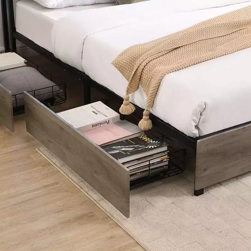 Telaio Letto con Piattaforma Grigio Antico / Nero+Marrone / Marrone Antico – Matrimoniale/Queen/King, 1–2 Persone, Testiera con Contenitore, Luce LED e Caricatore