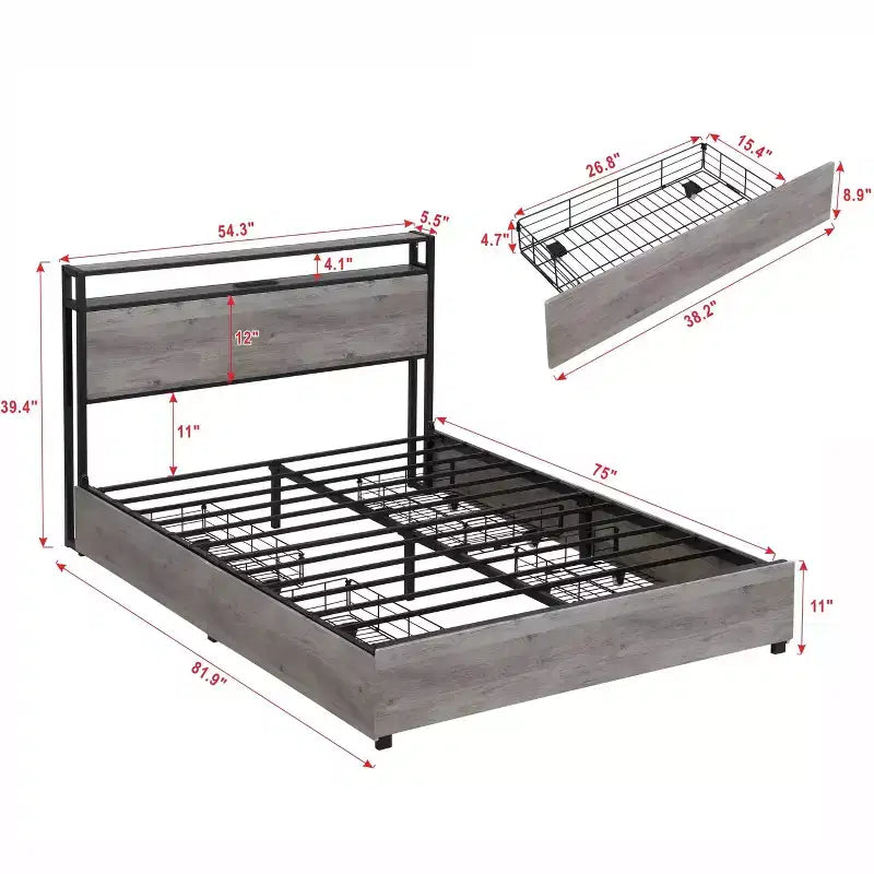 Telaio Letto con Piattaforma Grigio Antico / Nero+Marrone / Marrone Antico – Matrimoniale/Queen/King, 1–2 Persone, Testiera con Contenitore, Luce LED e Caricatore