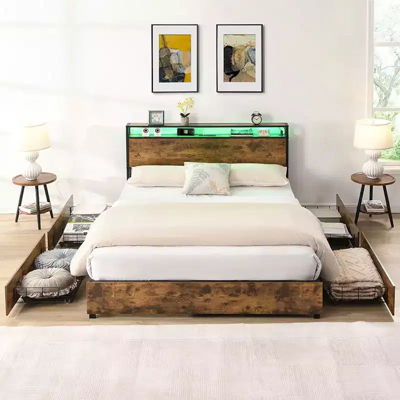 Telaio Letto con Piattaforma Grigio Antico / Nero+Marrone / Marrone Antico – Matrimoniale/Queen/King, 1–2 Persone, Testiera con Contenitore, Luce LED e Caricatore