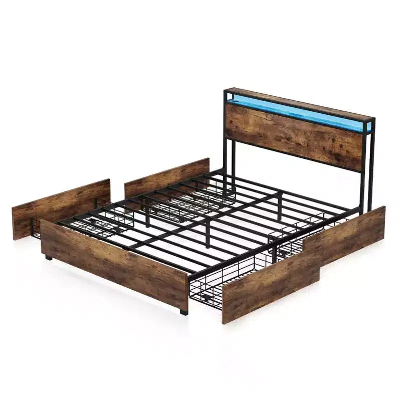 Telaio Letto con Piattaforma Grigio Antico / Nero+Marrone / Marrone Antico – Matrimoniale/Queen/King, 1–2 Persone, Testiera con Contenitore, Luce LED e Caricatore