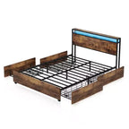 Telaio Letto con Piattaforma Grigio Antico / Nero+Marrone / Marrone Antico – Matrimoniale/Queen/King, 1–2 Persone, Testiera con Contenitore, Luce LED e Caricatore