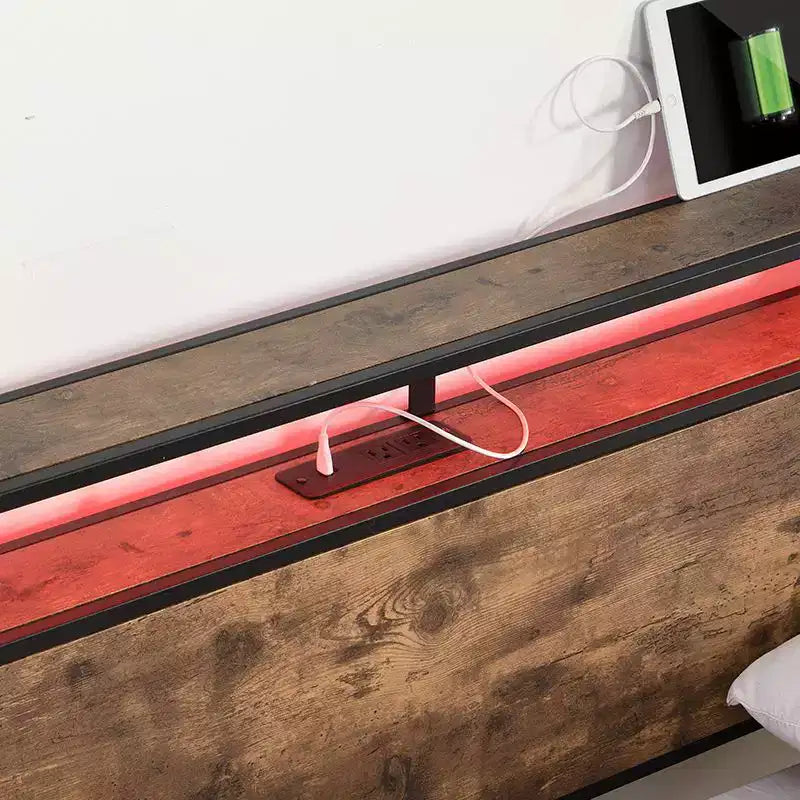 Telaio Letto con Piattaforma Grigio Antico / Nero+Marrone / Marrone Antico – Matrimoniale/Queen/King, 1–2 Persone, Testiera con Contenitore, Luce LED e Caricatore