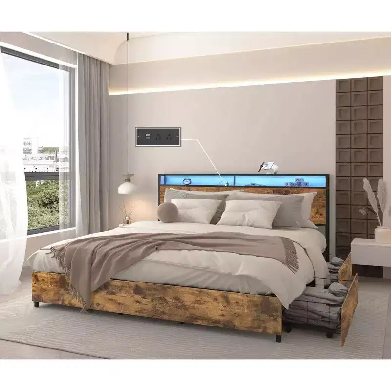 Telaio Letto con Piattaforma Grigio Antico / Nero+Marrone / Marrone Antico – Matrimoniale/Queen/King, 1–2 Persone, Testiera con Contenitore, Luce LED e Caricatore