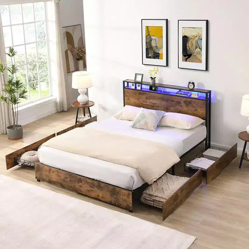 Telaio Letto con Piattaforma Grigio Antico / Nero+Marrone / Marrone Antico – Matrimoniale/Queen/King, 1–2 Persone, Testiera con Contenitore, Luce LED e Caricatore