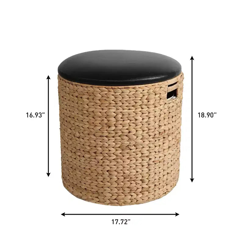 Poggiapiedi contenitore rotondo in giacinto intrecciato a mano, naturale/nero, con coperchio in similpelle, 45 cm, 1 posto