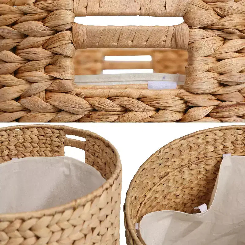 Poggiapiedi contenitore rotondo in giacinto intrecciato a mano, naturale/nero, con coperchio in similpelle, 45 cm, 1 posto
