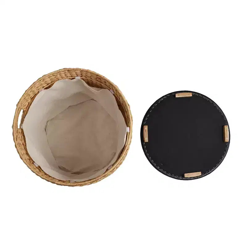 Poggiapiedi contenitore rotondo in giacinto intrecciato a mano, naturale/nero, con coperchio in similpelle, 45 cm, 1 posto