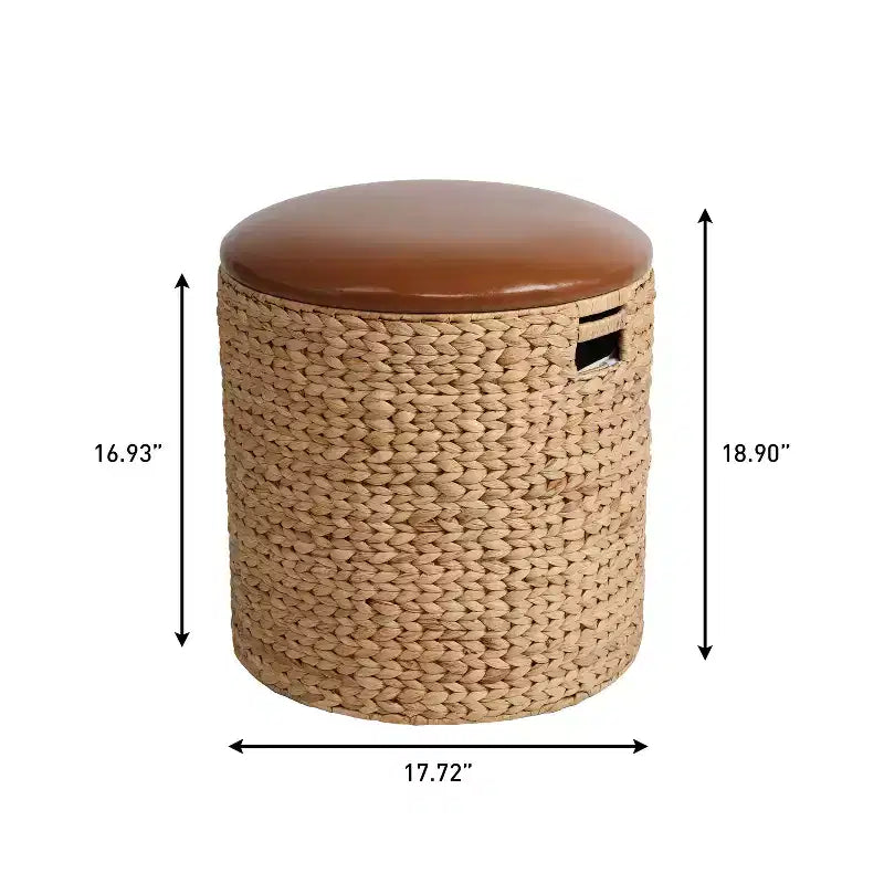 Poggiapiedi contenitore rotondo in giacinto intrecciato a mano, naturale/nero, con coperchio in similpelle, 45 cm, 1 posto