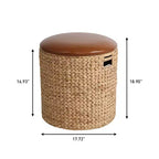 Poggiapiedi contenitore rotondo in giacinto intrecciato a mano, naturale/nero, con coperchio in similpelle, 45 cm, 1 posto