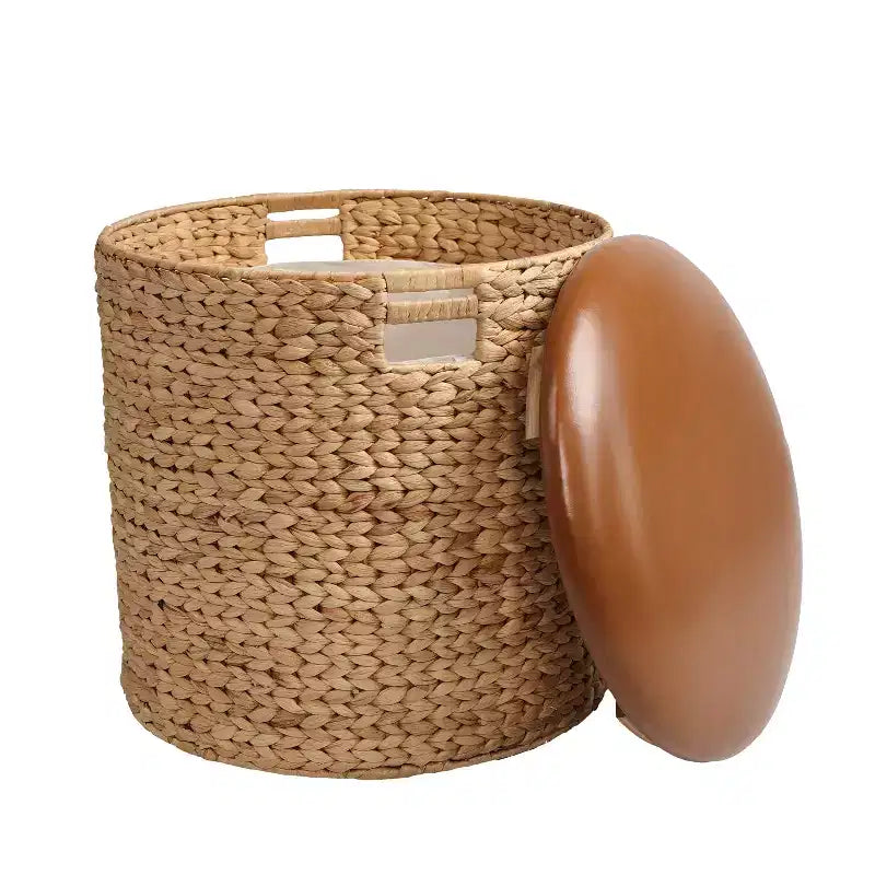 Poggiapiedi contenitore rotondo in giacinto intrecciato a mano, naturale/nero, con coperchio in similpelle, 45 cm, 1 posto