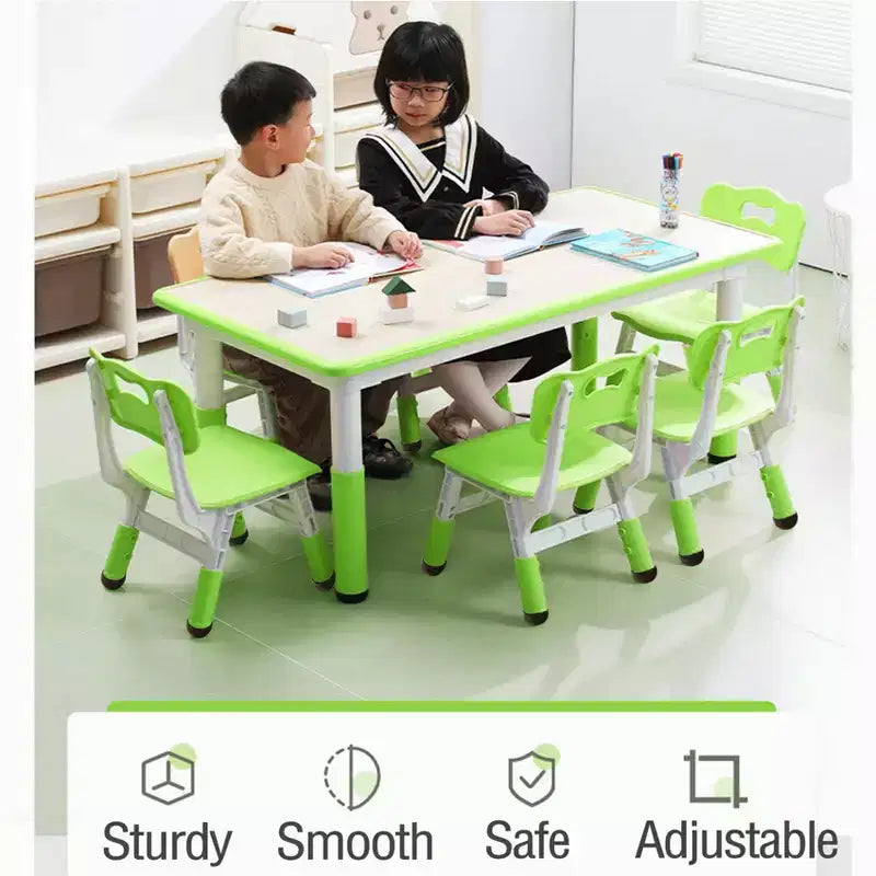 Set 7 pezzi tavolo e sedie per bambini, verde bianco e legno massello, altezza regolabile, per bambini dai 2 ai 10 anni, per 1-4 bambini
