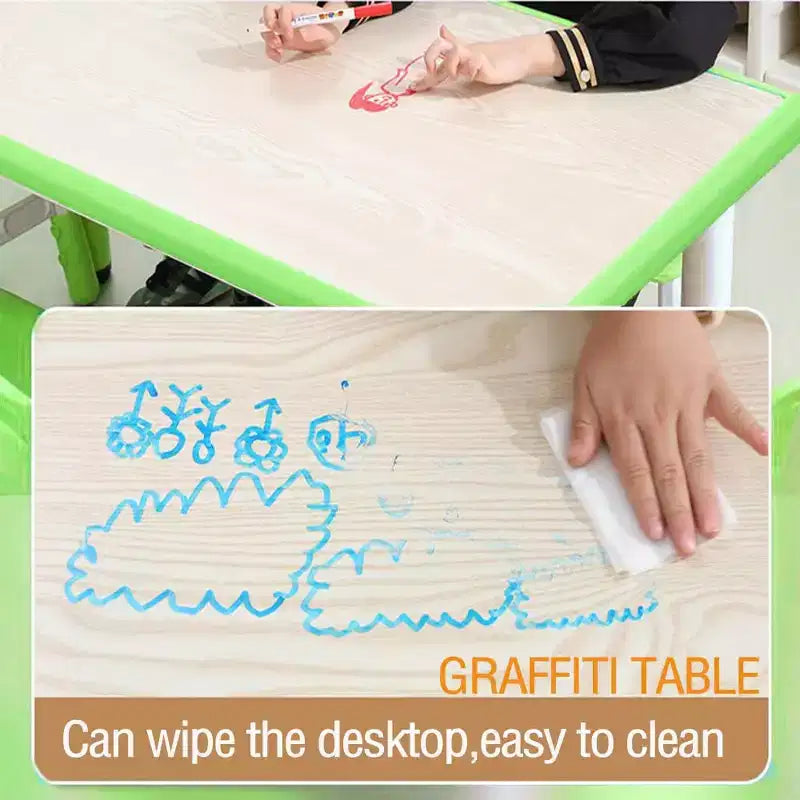 Set 7 pezzi tavolo e sedie per bambini, verde bianco e legno massello, altezza regolabile, per bambini dai 2 ai 10 anni, per 1-4 bambini