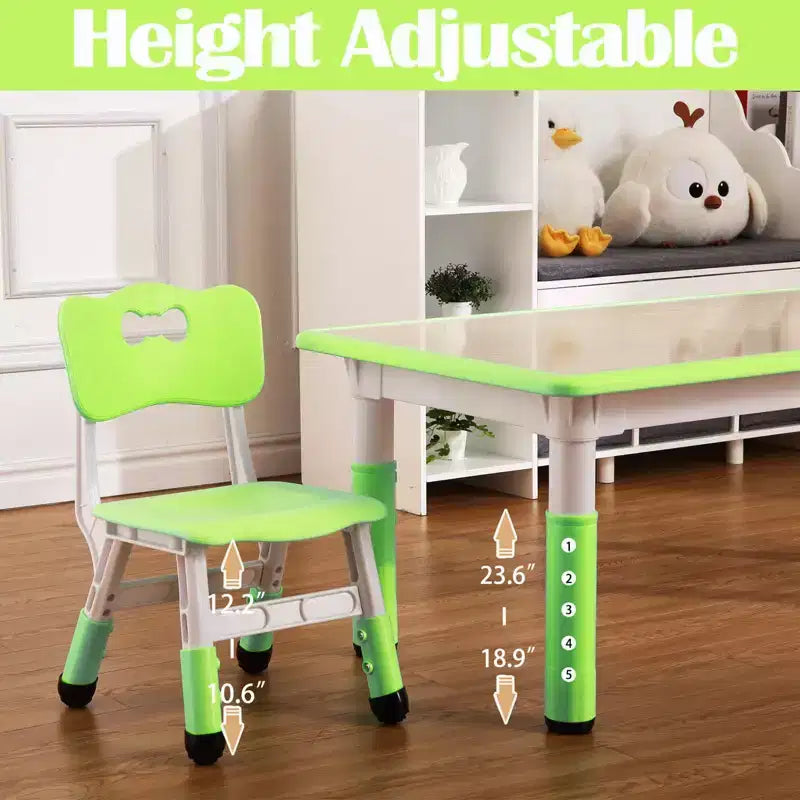 Set 7 pezzi tavolo e sedie per bambini, verde bianco e legno massello, altezza regolabile, per bambini dai 2 ai 10 anni, per 1-4 bambini