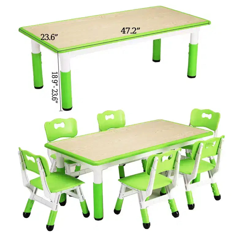 Set 7 pezzi tavolo e sedie per bambini, verde bianco e legno massello, altezza regolabile, per bambini dai 2 ai 10 anni, per 1-4 bambini
