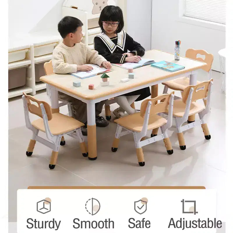 Set 7 pezzi tavolo e sedie per bambini, verde bianco e legno massello, altezza regolabile, per bambini dai 2 ai 10 anni, per 1-4 bambini