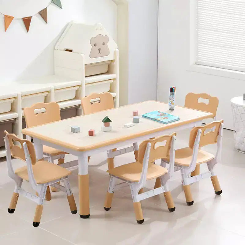 Set 7 pezzi tavolo e sedie per bambini, verde bianco e legno massello, altezza regolabile, per bambini dai 2 ai 10 anni, per 1-4 bambini