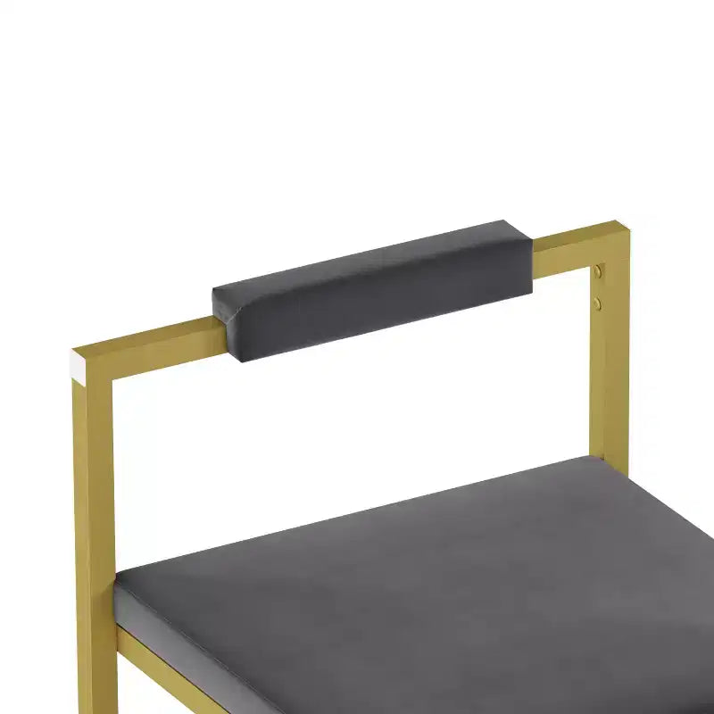 Sgabello da bar grigio in velluto altezza bancone, struttura in metallo dorato, schienale basso, senza braccioli, 1 posto