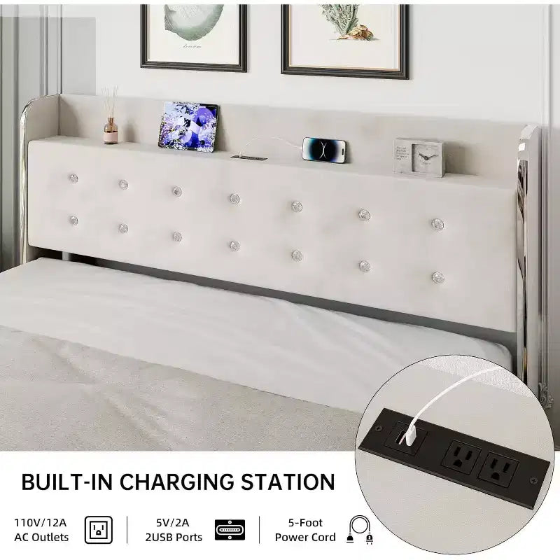 Letto matrimoniale in velluto beige con 4 cassetti contenitore, piattaforma, 2 persone