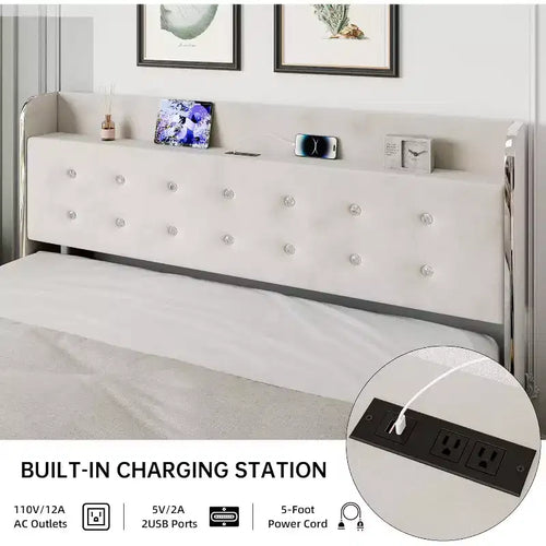 Letto matrimoniale in velluto beige con 4 cassetti contenitore, piattaforma, 2 persone