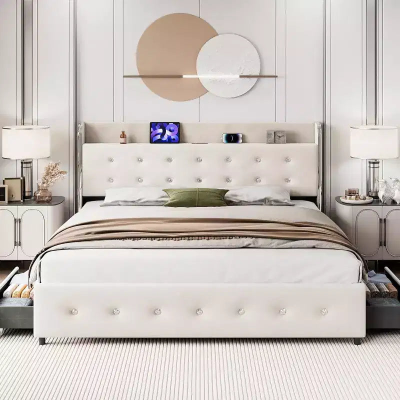 Letto matrimoniale in velluto beige con 4 cassetti contenitore, piattaforma, 2 persone