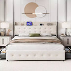 Letto matrimoniale in velluto beige con 4 cassetti contenitore, piattaforma, 2 persone