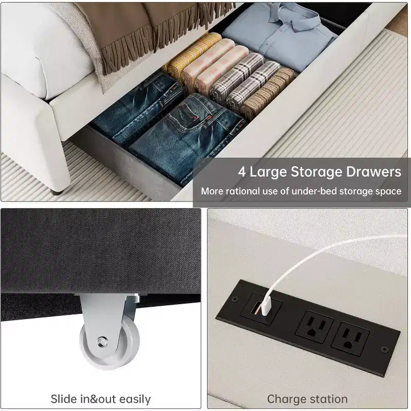 Letto matrimoniale in velluto beige con 4 cassetti contenitore, piattaforma, 2 persone